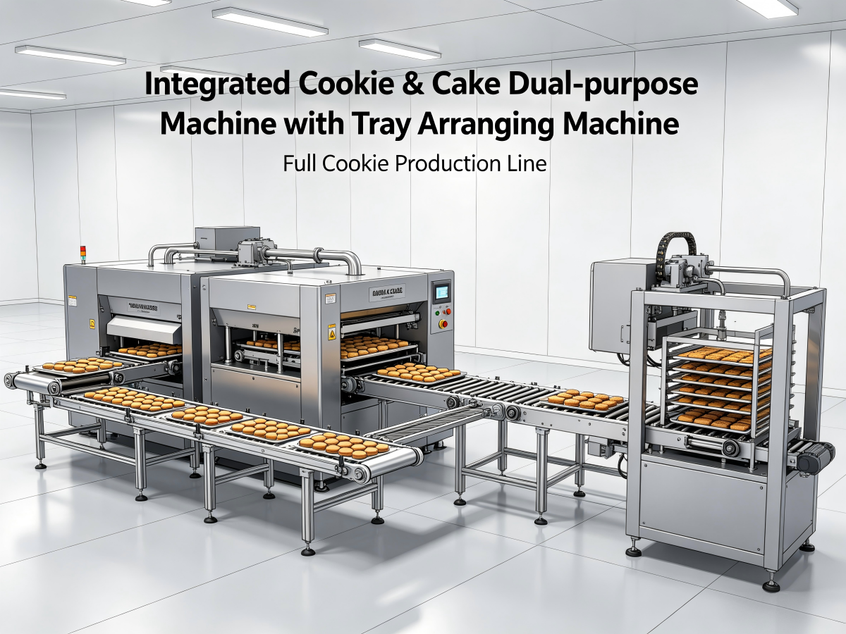 Integrating Cookie and Cake Dual-purpose Machine with Tray Arranging Machine for Full Cookie Lines